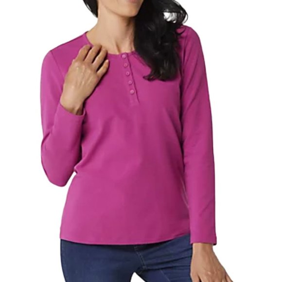 Denim&Co Tops - Denim & Co Long Sleeve Stretch Henley Top  7415